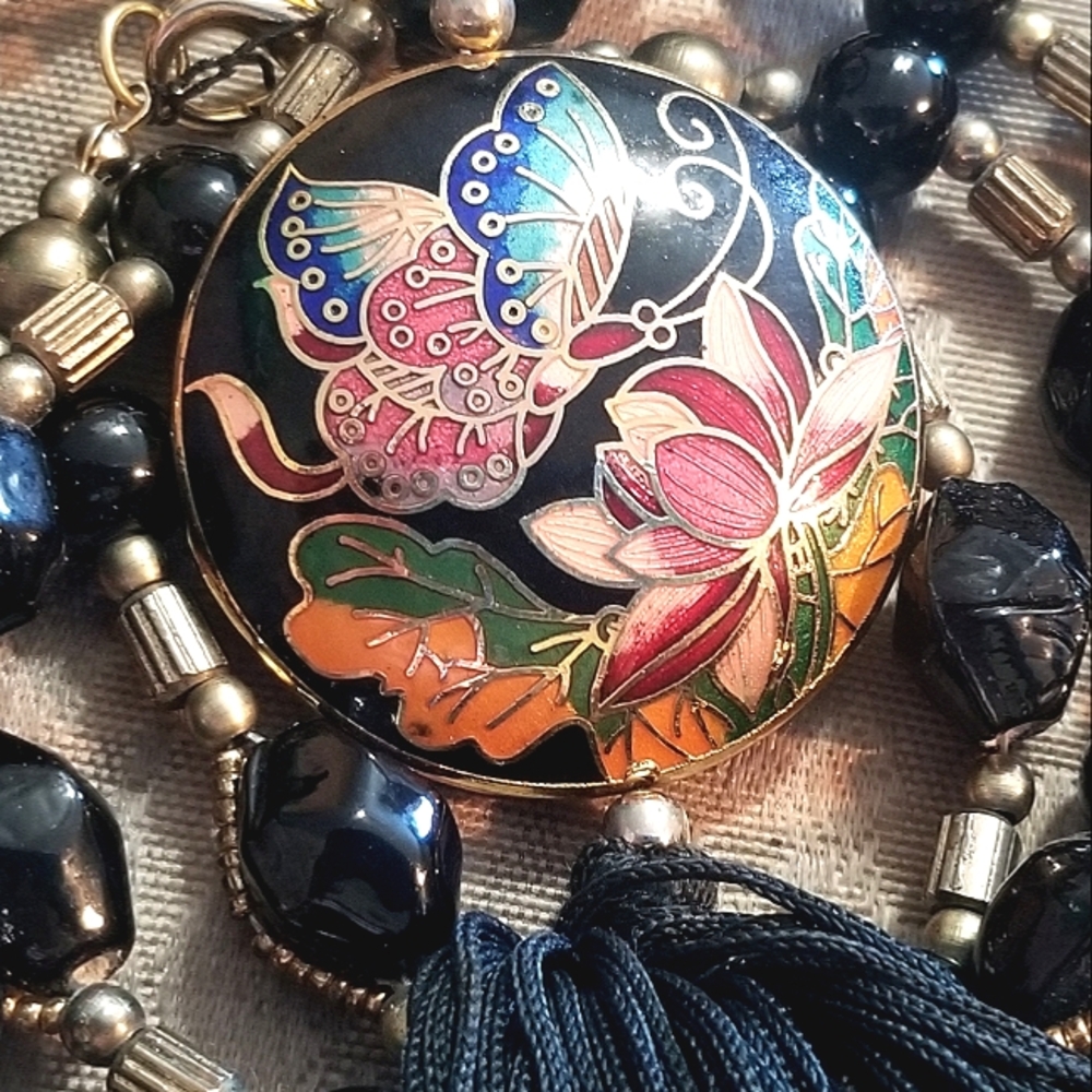 Set Vintage 2 Sided Butterfly Cloisonné Necklace w Tassel & BONUS Necklace